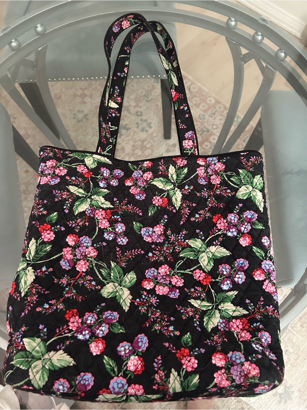 Vera Bradley Black Quilted Tote with Pink, Purple & Green Floral Print